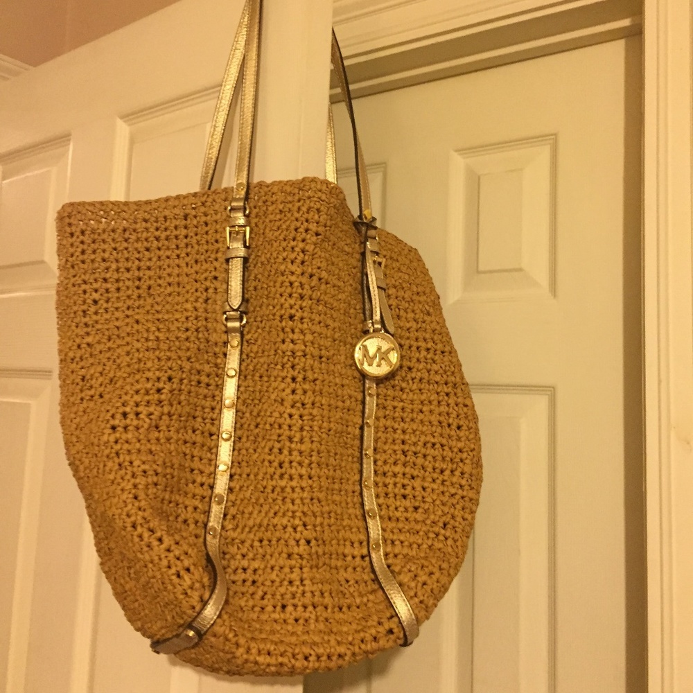Michael Kors Large Gold Studded Straw Tote.